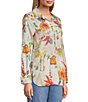 John Mark Petite Size Embroidered Floral Point Collar Long Roll-Tab Sleeve Button-Front Blouse - Image 3