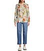 John Mark Petite Size Embroidered Floral Point Collar Long Roll-Tab Sleeve Button-Front Blouse - Image 5