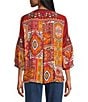John Mark Petite Size Embroidered Multi Patch Split V-Neck 3/4 Sleeve Hi-Low Hem Tunic, Color:Dark Spice - Image 2