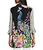 Color:Multi - Image 2 - Petite Size Embroidered Multiple Print Point Collar 3/4 Roll-Tab Sleeve Button-Front Tunic