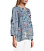 John Mark Petite Size Embroidered Patchwork Split V-Neck 3/4 Sleeve Button-Front Blouse - Image 3