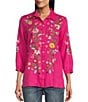 Color:Fuchsia - Image 1 - Petite Size Embroidered Point Collar 3/4 Sleeve Button Front Tunic