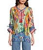 John Mark Petite Size Embroidered Printed Split V-Neck 3/4 Cinched Sleeve Tassel Tie Front Tunic, Color:Multi - Image 1