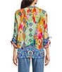 John Mark Petite Size Embroidered Printed Split V-Neck 3/4 Cinched Sleeve Tassel Tie Front Tunic, Color:Multi - Image 2