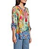 John Mark Petite Size Embroidered Printed Split V-Neck 3/4 Cinched Sleeve Tassel Tie Front Tunic, Color:Multi - Image 3