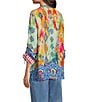 John Mark Petite Size Embroidered Printed Split V-Neck 3/4 Cinched Sleeve Tassel Tie Front Tunic, Color:Multi - Image 4