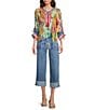 John Mark Petite Size Embroidered Printed Split V-Neck 3/4 Cinched Sleeve Tassel Tie Front Tunic, Color:Multi - Image 5