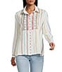 John Mark Petite Size Embroidered Stripe Floral Leaf Print Point Collar Long Roll-Tab Sleeve Button Front Blouse - Image 1