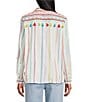 John Mark Petite Size Embroidered Stripe Floral Leaf Print Point Collar Long Roll-Tab Sleeve Button Front Blouse - Image 2