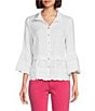 Color:White - Image 1 - Petite Size Embroidered Woven Wire Collar 3/4 Flounce Sleeve Button-Front Blouse