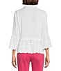 Color:White - Image 2 - Petite Size Embroidered Woven Wire Collar 3/4 Flounce Sleeve Button-Front Blouse