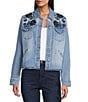 John Mark Petite Size Floral Embroidered Notch Collar Long Sleeve Button-Front Jacket, Color:Light Denim - Image 1
