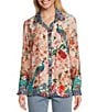 John Mark Petite Size Floral Multi Woven Point Collar Long Roll-Tab Sleeve Button Front Shirt, Color:Floral Multi - Image 1
