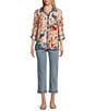 John Mark Petite Size Floral Multi Woven Point Collar Long Roll-Tab Sleeve Button Front Shirt, Color:Floral Multi - Image 5