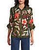 John Mark Petite Size Floral Print Woven Wire Collar 3/4 Cinched Tie Sleeves Button Front Top, Color:Dark Olive - Image 1