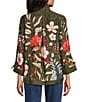 John Mark Petite Size Floral Print Woven Wire Collar 3/4 Cinched Tie Sleeves Button Front Top, Color:Dark Olive - Image 2