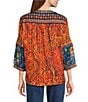 John Mark Petite Size Geometric Boho Spice Marble Print Embroidered Tassel Tie Split Neck 3/4 Sleeve Peasant Top, Color:Sprit - Image 2