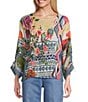 John Mark Petite Size Geometric Floral Border Print Scoop Neck 3/4 Cinched Tie Sleeve Tunic, Color:Multi - Image 1