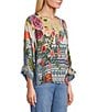 John Mark Petite Size Geometric Floral Border Print Scoop Neck 3/4 Cinched Tie Sleeve Tunic, Color:Multi - Image 3