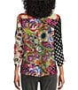 Color:Multi - Image 2 - Petite Size Mix Print Woven Point Collar 3/4 Sleeve Cinch Tie Button-Front Shirt