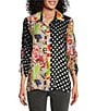 Color:Multi - Image 1 - Petite Size Mix Print Woven Point Collar 3/4 Sleeve Cinch Tie Button-Front Shirt