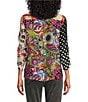Color:Multi - Image 2 - Petite Size Mix Print Woven Point Collar 3/4 Sleeve Cinch Tie Button-Front Shirt