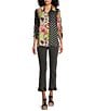 Color:Multi - Image 3 - Petite Size Mix Print Woven Point Collar 3/4 Sleeve Cinch Tie Button-Front Shirt