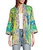 Color:Floral Multi - Image 1 - Petite Size Mixed Print Floral Embroidery Banded Neck 3/4 Cuffed Sleeve Open Front Woven Kimono