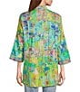 Color:Floral Multi - Image 2 - Petite Size Mixed Print Floral Embroidery Banded Neck 3/4 Cuffed Sleeve Open Front Woven Kimono