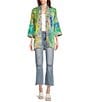 Color:Floral Multi - Image 3 - Petite Size Mixed Print Floral Embroidery Banded Neck 3/4 Cuffed Sleeve Open Front Woven Kimono