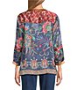John Mark Petite Size Multi Mixed Floral Button Up Y-Neck 3/4 Sleeve Tunic, Color:Floral Multi - Image 2