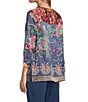 John Mark Petite Size Multi Mixed Floral Button Up Y-Neck 3/4 Sleeve Tunic, Color:Floral Multi - Image 4