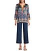 John Mark Petite Size Multi Mixed Floral Button Up Y-Neck 3/4 Sleeve Tunic, Color:Floral Multi - Image 5