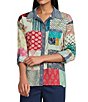 John Mark Petite Size Multi Print Patched Point Collar Long Roll-Tab Sleeve Button Front Tunic, Color:Multi - Image 1
