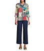 John Mark Petite Size Multi Print Patched Point Collar Long Roll-Tab Sleeve Button Front Tunic, Color:Multi - Image 5