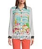 Color:White - Image 3 - Petite Size Novelty Mix Print Button Front Roll-Tab Sleeve Tunic