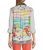 Color:White - Image 2 - Petite Size Novelty Mix Print Button Front Roll-Tab Sleeve Tunic