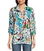 Color:Multi - Image 1 - Petite Size Novelty Print Collar Neck 3/4 Sleeve Top