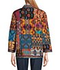 Color:Multi - Image 2 - Petite Size Quilted Woven Multi Print Banded Neck Long Cuffed Sleeve Running Stitch Embroidery Open Front Jacket