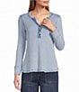 John Mark Petite Size Solid Washed Waffle Knit Split V-Neck Long Sleeve Top - Image 1