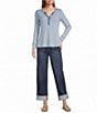 John Mark Petite Size Solid Washed Waffle Knit Split V-Neck Long Sleeve Top - Image 3