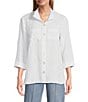 John Mark Petite Size Solid Woven 3/4 Sleeve Wire Collared Button Front Patch Pocket Camp Shirt - Image 1
