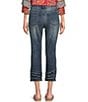 Color:Denim - Image 2 - Petite Size Stretch Denim Straight Leg Tiered Frayed Hem Cropped Jeans
