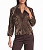 John Mark Petite Size Velvet Burnout Scalloped Stand Collar 3/4 Raglan Puff Cuffed Sleeve Popover Top - Image 1
