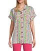 Color:Fuchsia Print - Image 1 - Petite Size Wire Collar Short Sleeve Button Front Camp Shirt