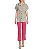 Color:Fuchsia Print - Image 3 - Petite Size Wire Collar Short Sleeve Button Front Camp Shirt