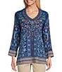 Color:Navy - Image 1 - Petite Size Woven All Over Embroidered Floral Print V-Neck 3/4 Sleeve Tunic