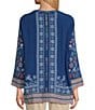 Color:Navy - Image 2 - Petite Size Woven All Over Embroidered Floral Print V-Neck 3/4 Sleeve Tunic