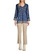 Color:Navy - Image 3 - Petite Size Woven All Over Embroidered Floral Print V-Neck 3/4 Sleeve Tunic
