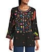 John Mark Petite Size Woven Embroidered Banded Collar 3/4 Cuffed Sleeve Hi-Low Hem Tunic, Color:Black - Image 1